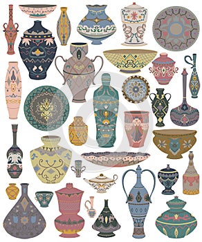 Traditional Arabic utensils collection. Oriental dishes, pots, lantern, bowl, plates, pottery, ceramic with national floral orname